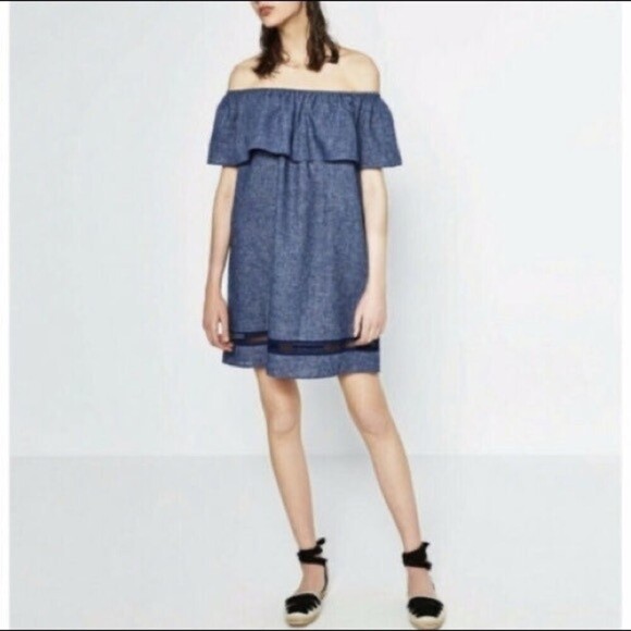 ZARA Chambray Off The Shoulder Mini Dress - Picture 1 of 6